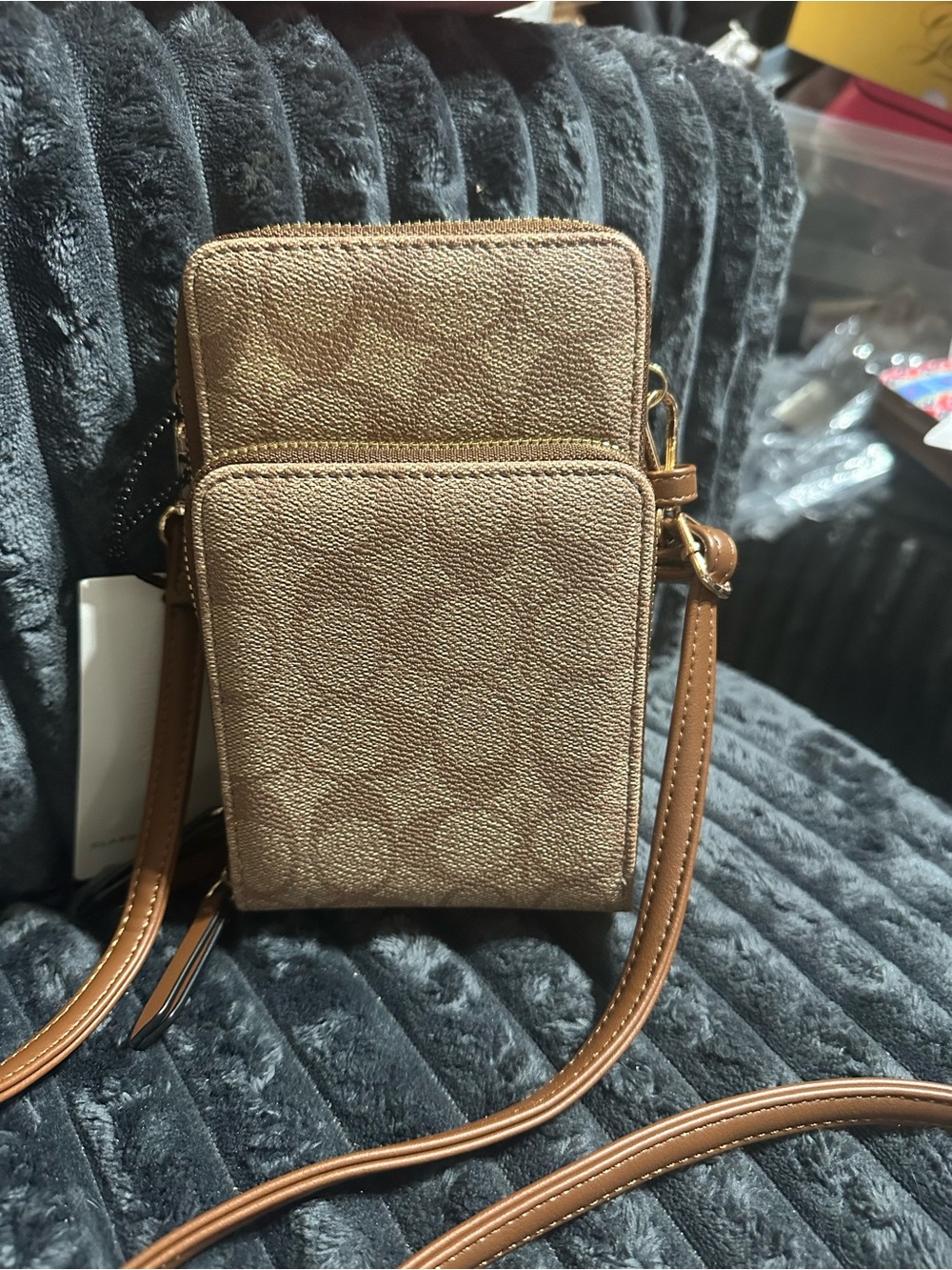 Tan Textured Crossbody Phone Bag Purse with Front Pocket